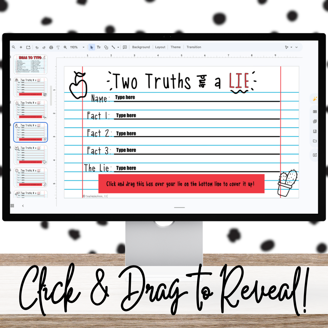 Back to School Two Truths and a Lie Game, First Day Community Building Slides