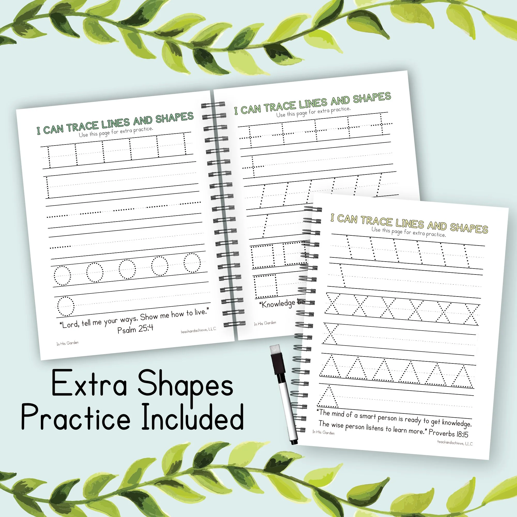 An image of a Christian Bible Learning book, featuring the pre-writing shapes needed for handwriting.