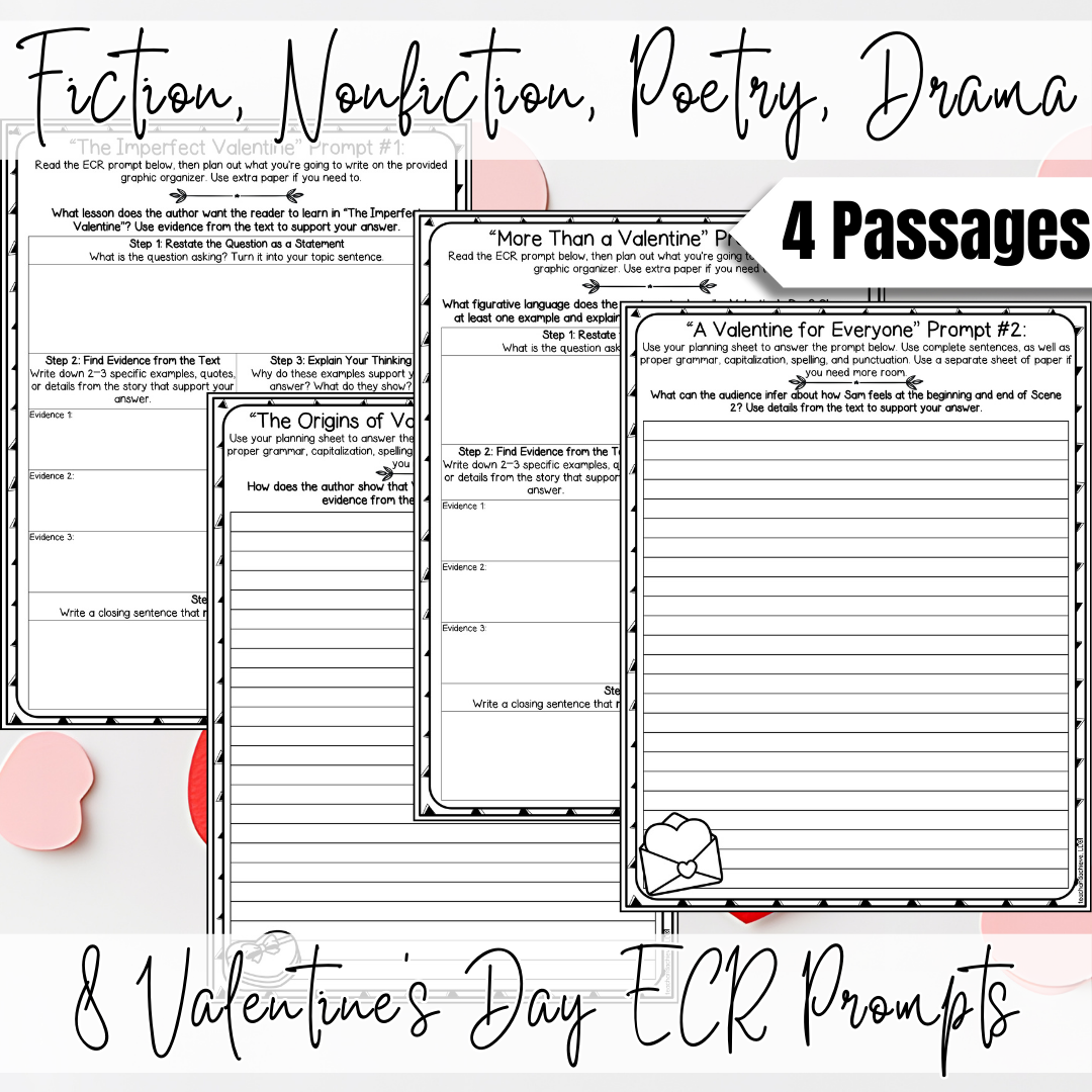 February Valentine's Day ECR Practice Writing Prompt Passage, Editable Extended Constructed Response Bundle 3rd 4th 5th Grade