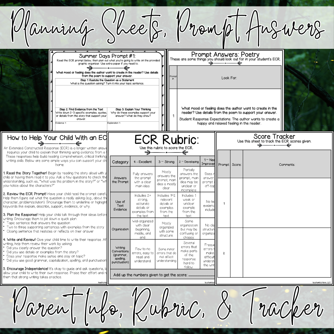 Summer ECR Writing Prompts | Poetry Extended Constructed Response Practice | Reading Comprehension Test Prep |  3rd Grade, 4th Grade, 5th Grade