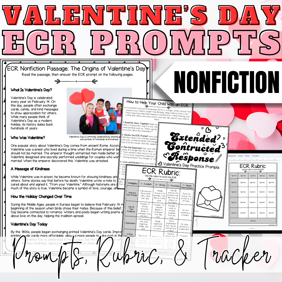 February Valentine's Day ECR Practice Writing Prompt Passage, Editable Nonfiction Extended Constructed Response 3rd 4th 5th Grade