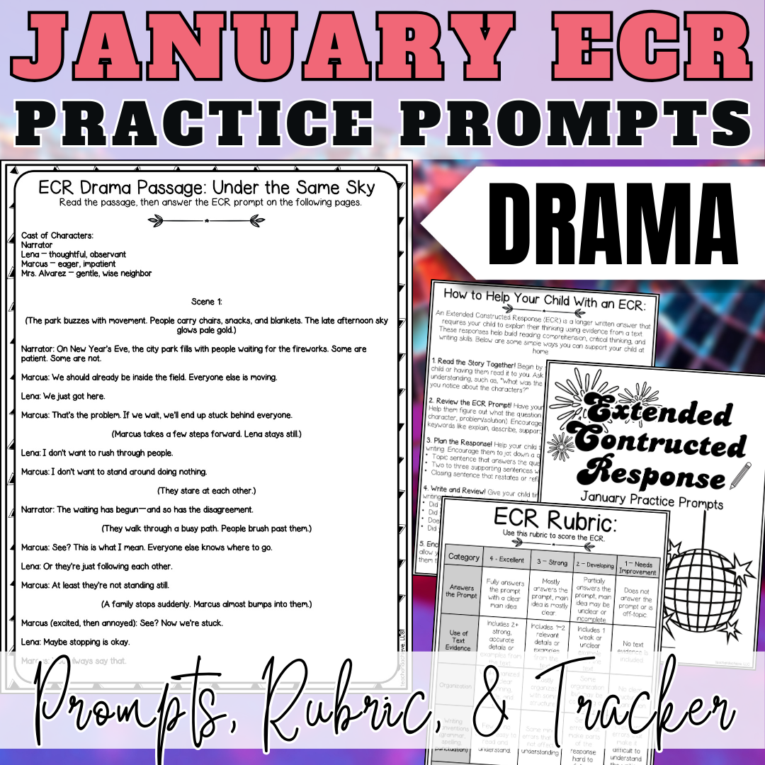 January New Year ECR Practice Writing Prompts Passage, Editable Drama Extended Constructed Response 3rd 4th 5th Grade