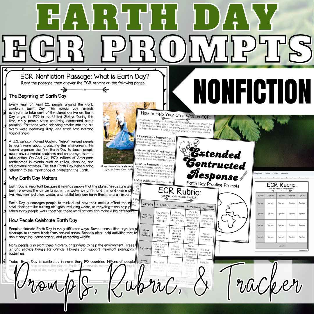 April Earth Day ECR Practice Writing Prompt Passage, Editable Nonfiction Extended Constructed Response 3rd 4th 5th Grade
