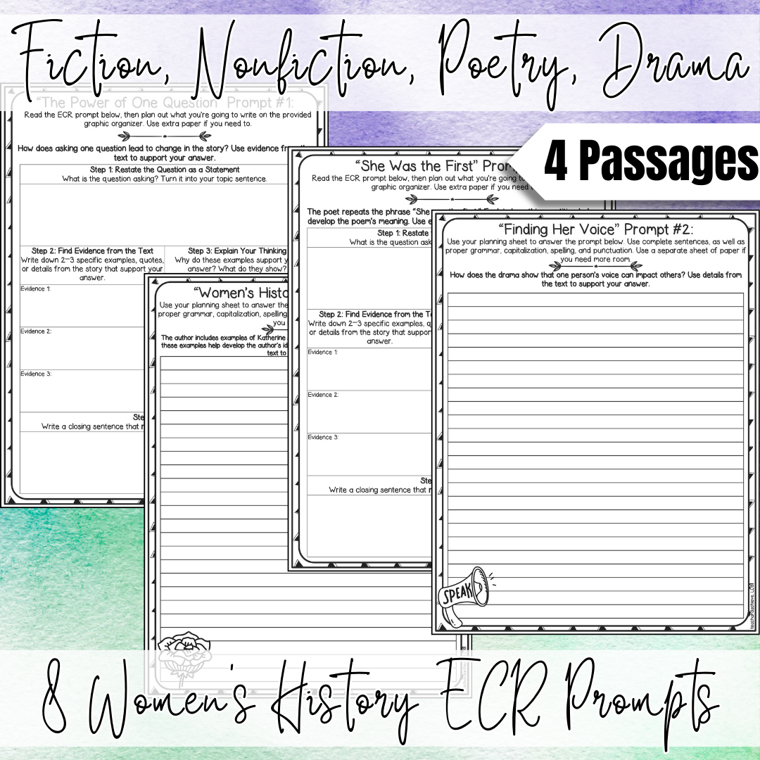 March Women's History Month ECR Practice Writing Prompt Passage, Editable Extended Constructed Response Bundle 3rd 4th 5th Grade