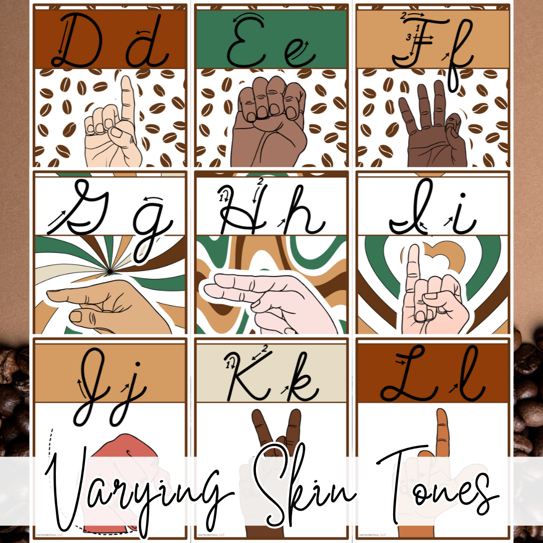 Starbooks Coffee Classroom Cursive Alphabet Posters with ASL Sign Language | Coffee Theme Decor