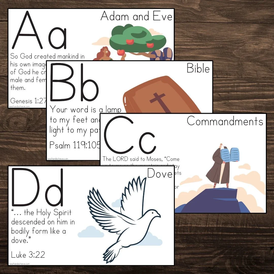 Bible Alphabet Flashcard Kid ABC Bible Card Set for Christian Preschool Learning Homeschool Sunday School Christian Bible School