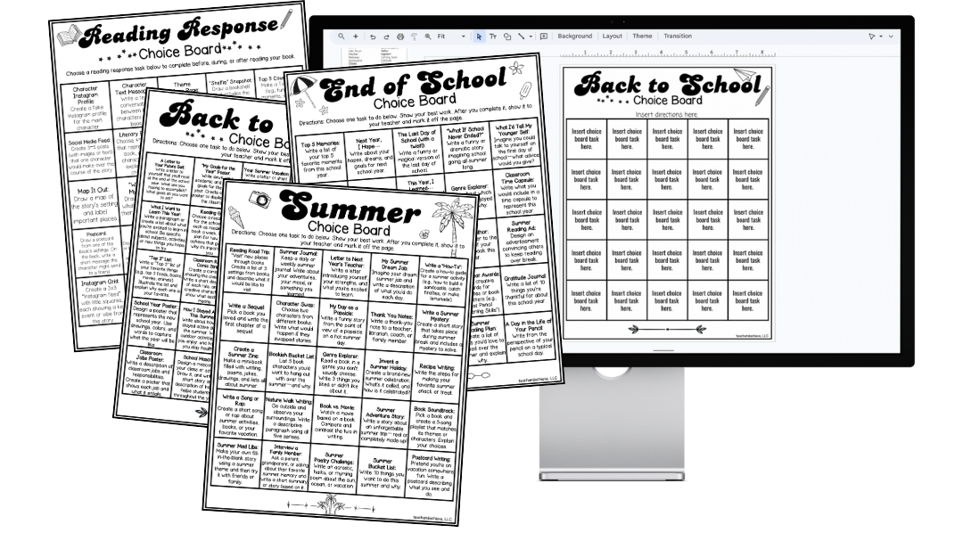 Collection of black-and-white worksheets with titles such as End of School, Back to School, Summer, and Back to School Choice Board, designed for classroom activities.