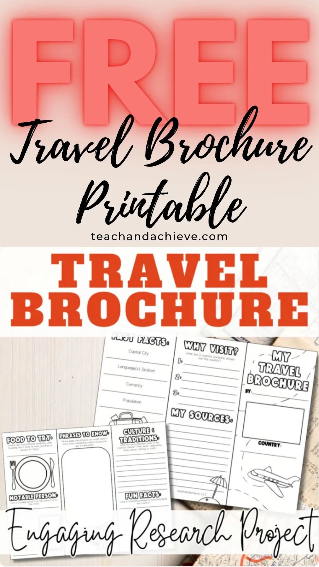 Free Around the World travel brochure research project for 3rd, 4th, and 5th grade students featuring country research, geography, culture, and informational writing activities.