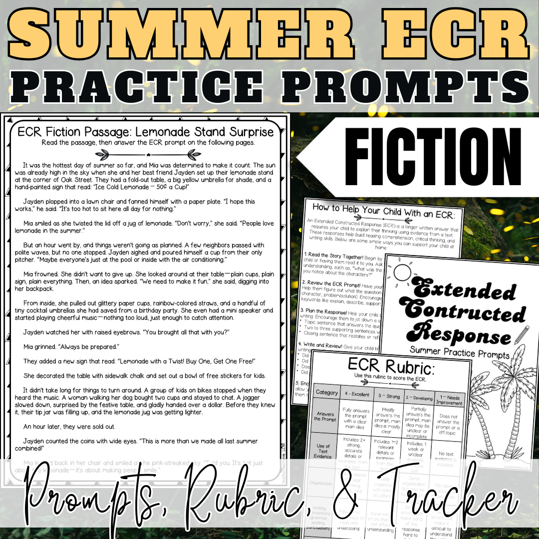 Summer ECR Writing Prompts | Fiction Extended Constructed Response Practice | Reading Comprehension Test Prep