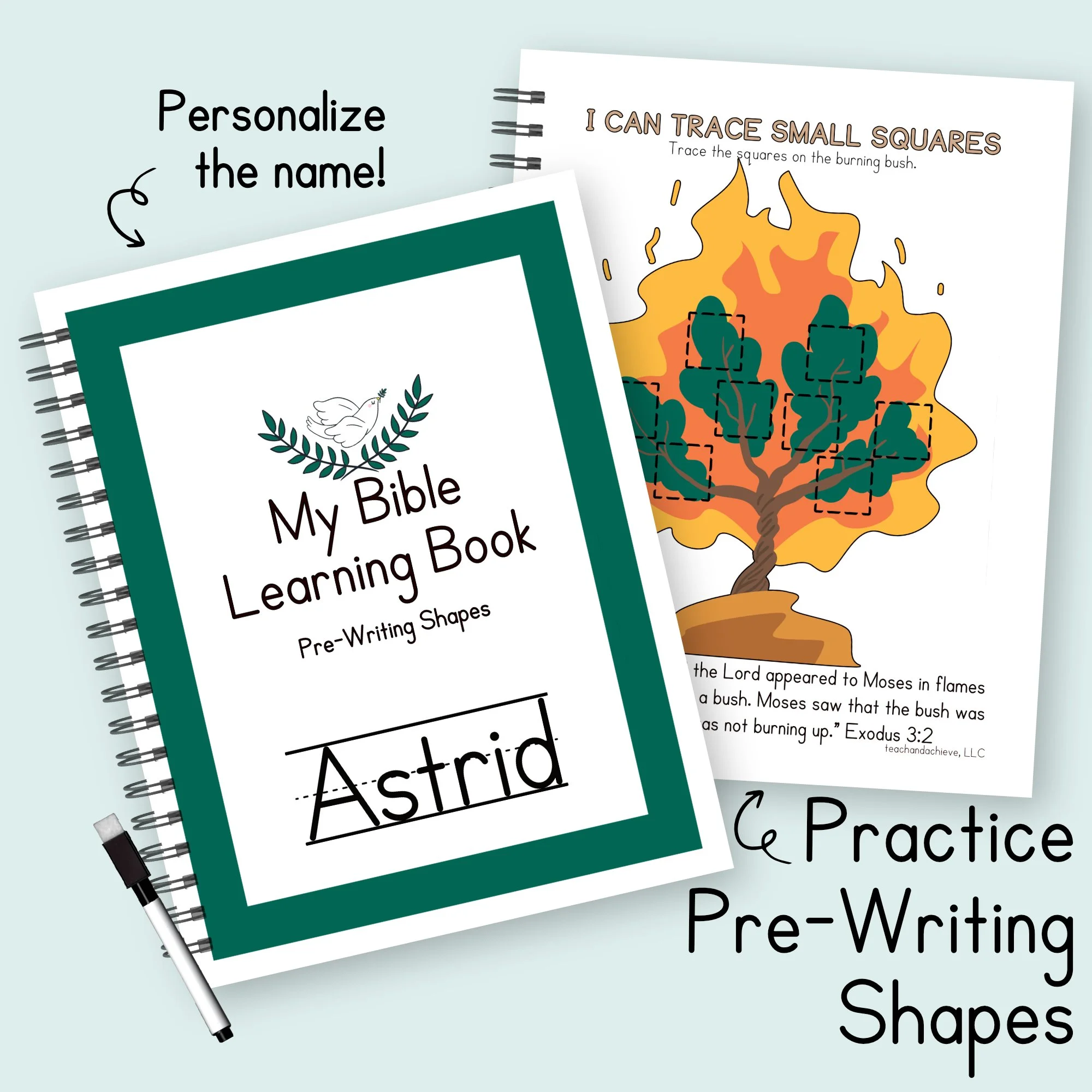 An image of a Christian Bible Learning book, featuring the pre-writing shapes needed for handwriting.