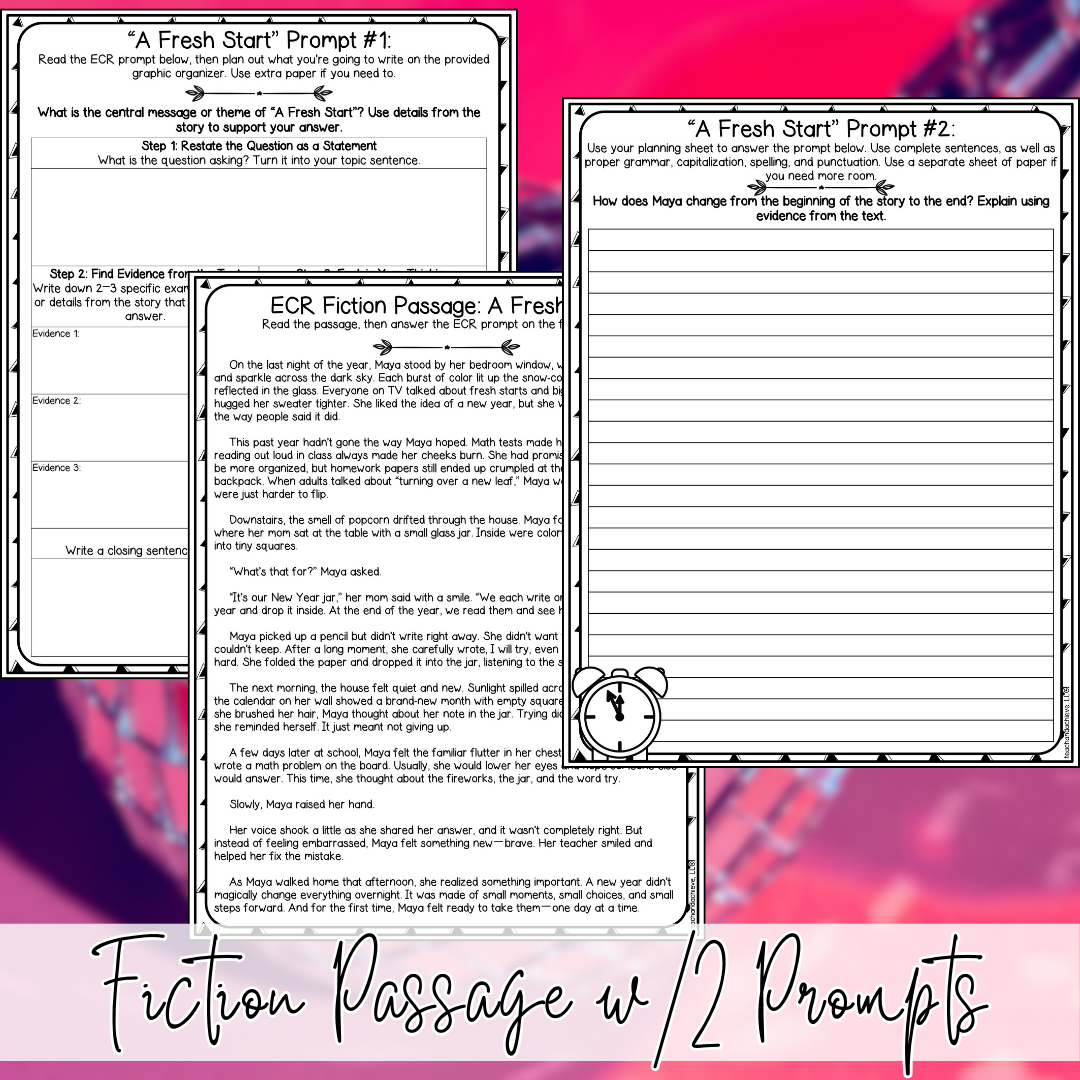 January New Year ECR Practice Writing Prompts Passage, Editable Fiction Extended Constructed Response 3rd 4th 5th Grade