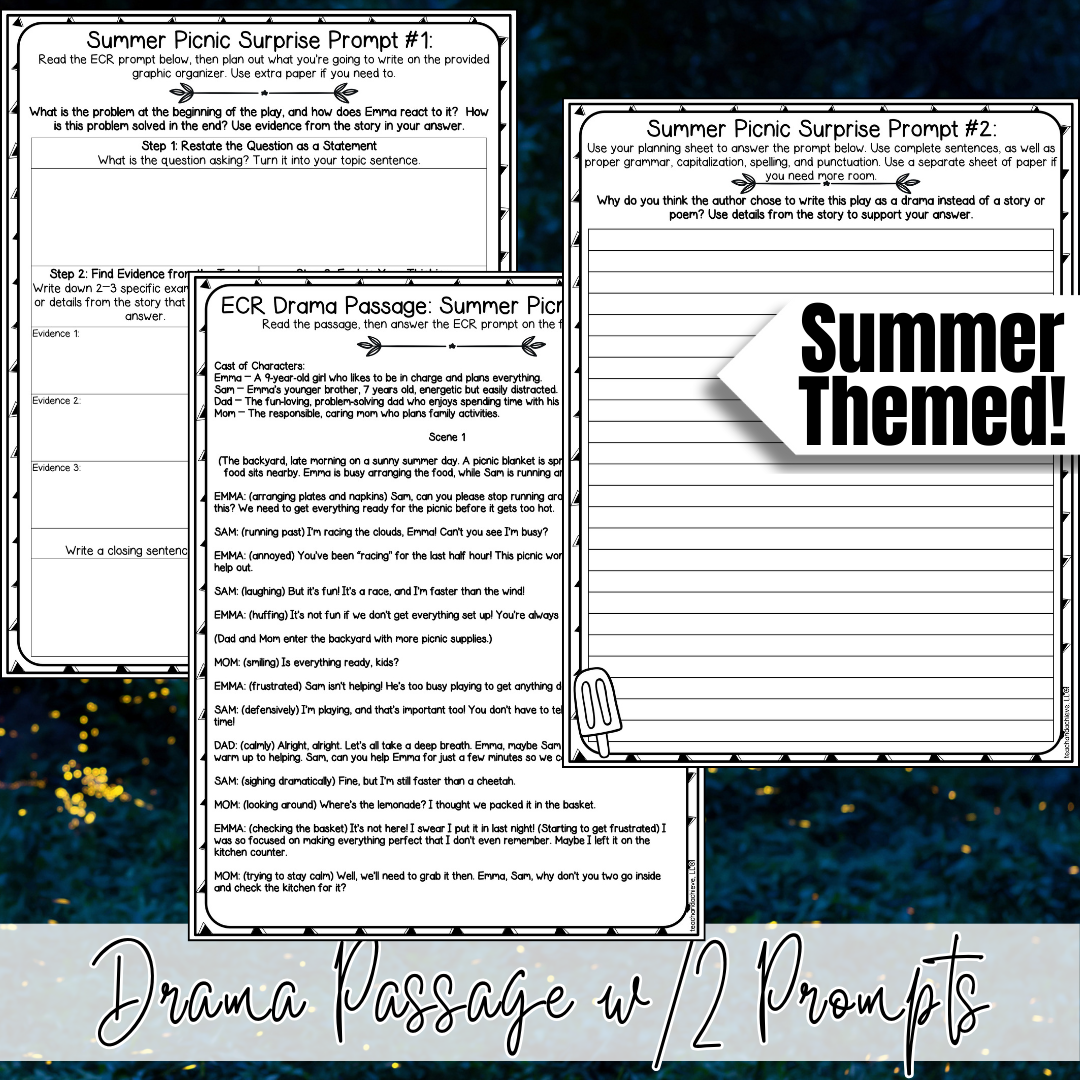 Summer ECR Writing Prompts | Drama Extended Constructed Response Practice | Reading Comprehension Test Prep |  3rd Grade, 4th Grade, 5th Grade
