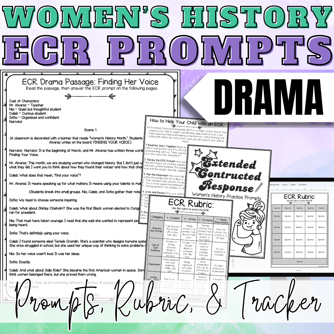 March Women's History Month ECR Practice Writing Prompt Passage, Editable Drama Extended Constructed Response 3rd 4th 5th Grade