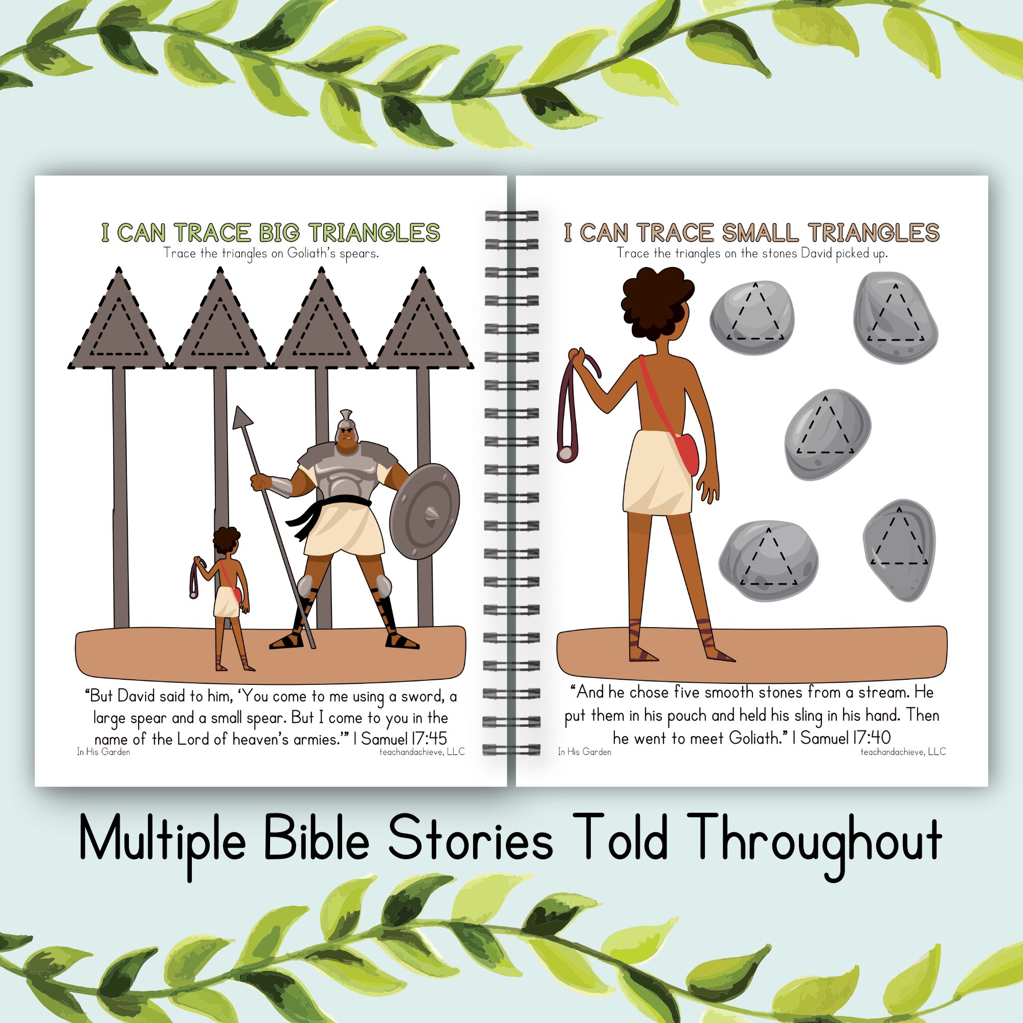 An image of a Christian Bible Learning book, featuring the pre-writing shapes needed for handwriting.