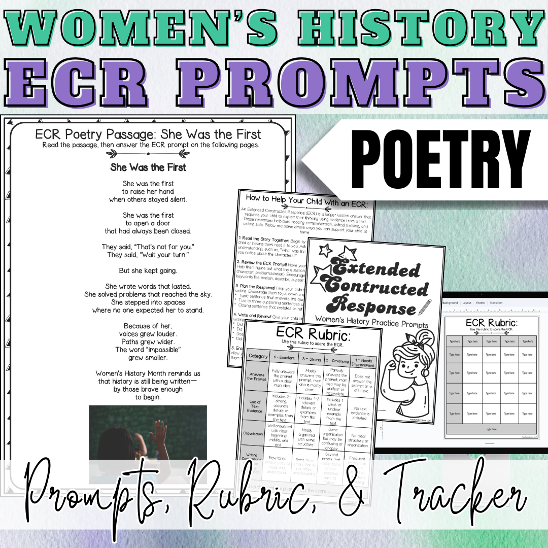 March Women's History Month ECR Practice Writing Prompt Passage, Editable Poetry Extended Constructed Response 3rd 4th 5th Grade