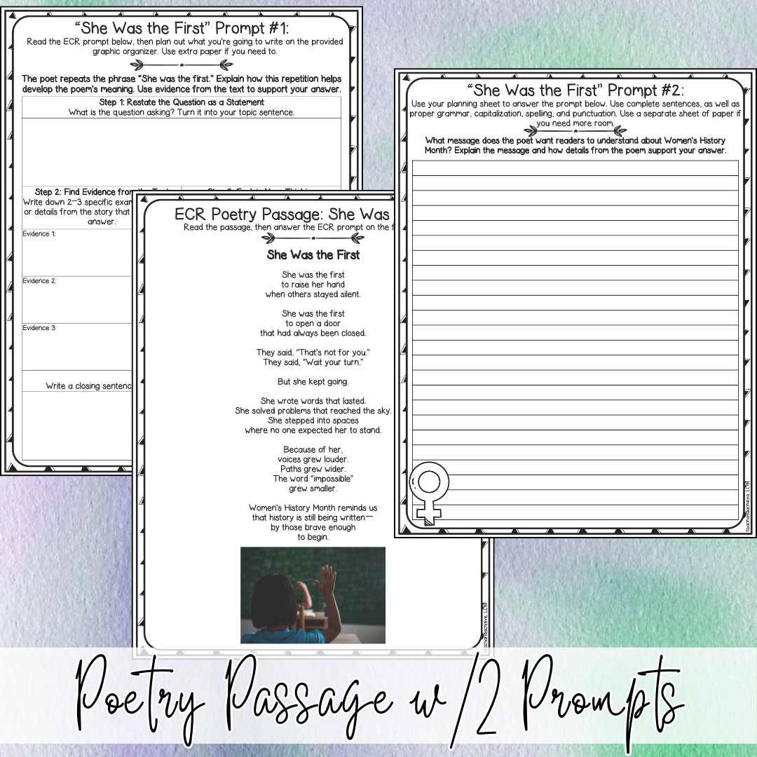 March Women's History Month ECR Practice Writing Prompt Passage, Editable Poetry Extended Constructed Response 3rd 4th 5th Grade