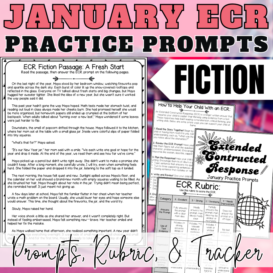 January New Year ECR Practice Writing Prompts Passage, Editable Fiction Extended Constructed Response 3rd 4th 5th Grade