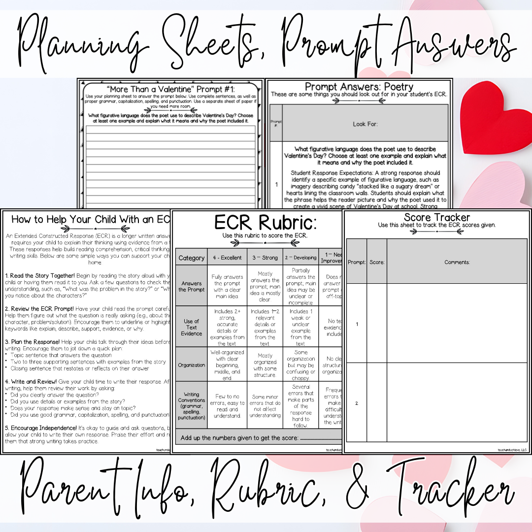 February Valentine's Day ECR Practice Writing Prompt Passage, Editable Poetry Extended Constructed Response 3rd 4th 5th Grade