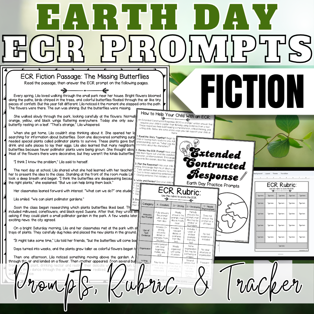 April Earth Day ECR Practice Writing Prompt Passage, Editable Fiction Extended Constructed Response 3rd 4th 5th Grade