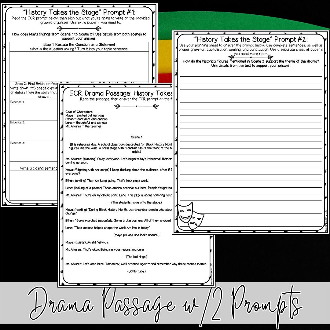 Black History Month Extended Constructed Response ECR Drama Writing Prompts for Upper Elementary