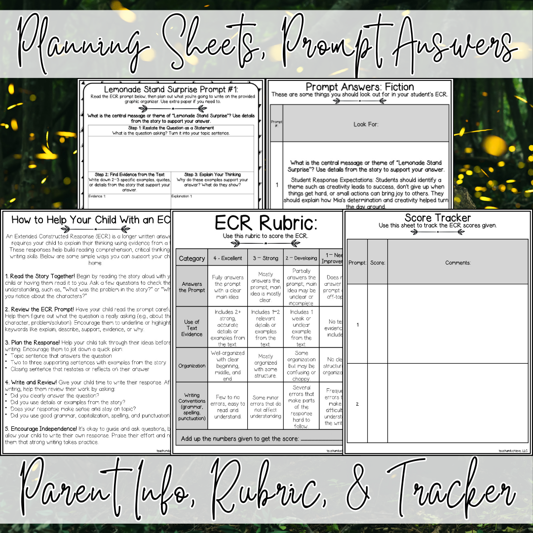 Summer ECR Writing Prompts | Fiction Extended Constructed Response Practice | Reading Comprehension Test Prep