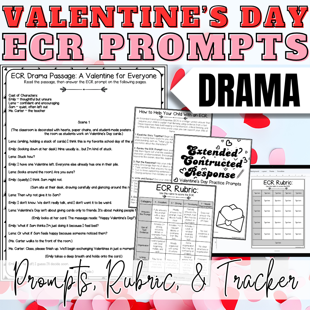 February Valentine's Day ECR Practice Writing Prompt Passage, Editable Drama Extended Constructed Response 3rd 4th 5th Grade