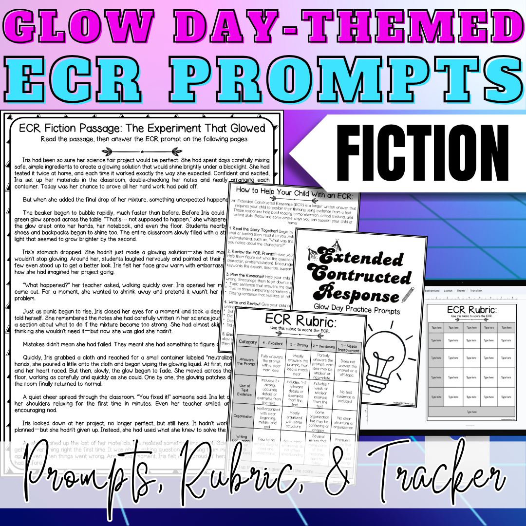 Glow Day ECR Practice Writing Prompt Passage, Editable Fiction Extended Constructed Response 3rd 4th 5th Grade