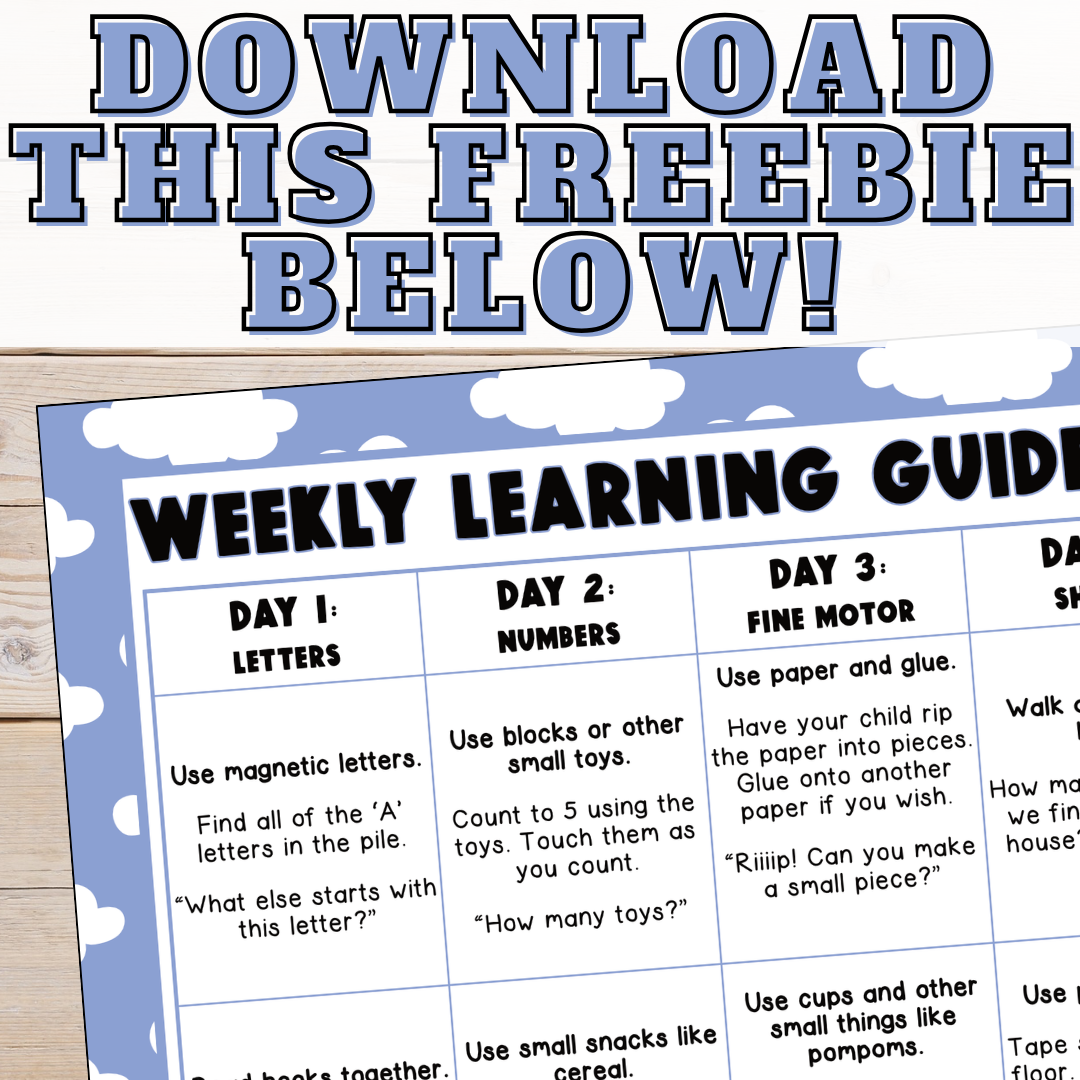 A colorful weekly learning guide for children with activities for each day, including letters, numbers, fine motor skills, and more, featuring clouds in the background and a wood-textured surface.