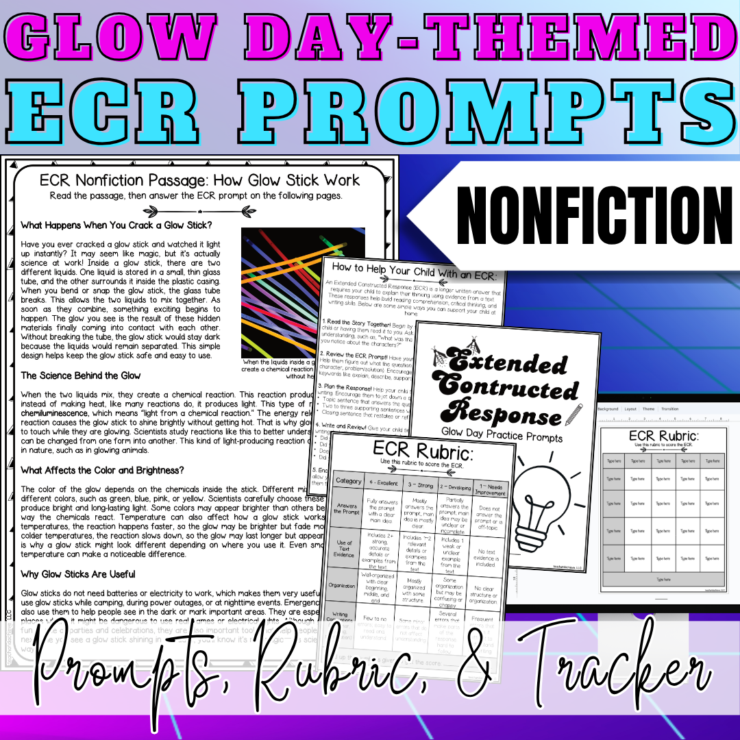 Glow Day ECR Practice Writing Prompt Passage, Editable Nonfiction Extended Constructed Response 3rd 4th 5th Grade