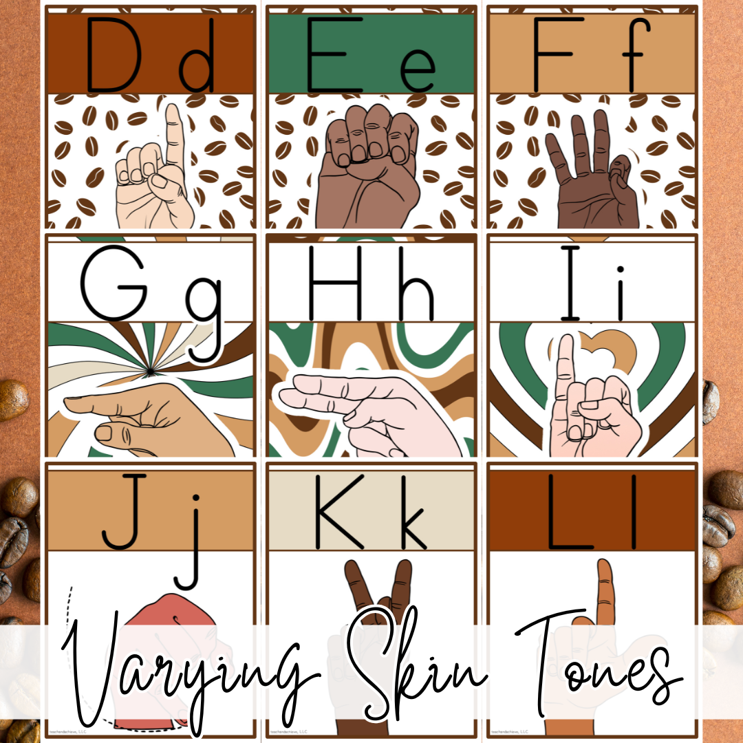Starbooks Coffee Classroom Alphabet Posters with ASL Sign Language | Coffee Theme Decor