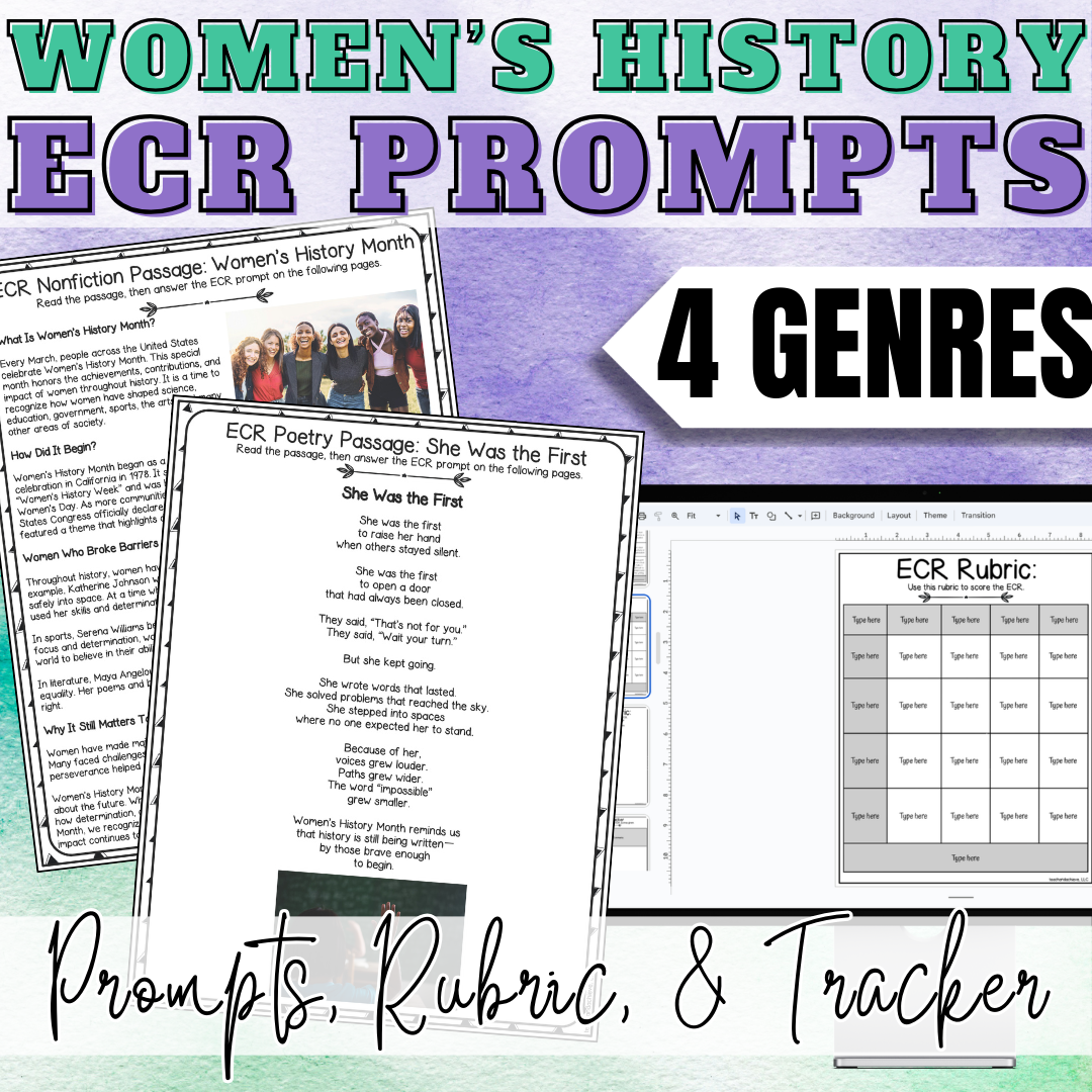 March Women's History Month ECR Practice Writing Prompt Passage, Editable Extended Constructed Response Bundle 3rd 4th 5th Grade