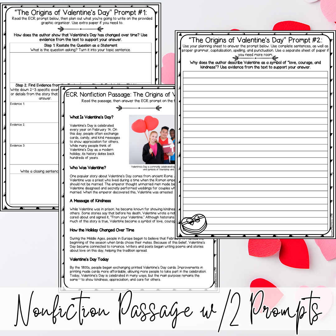 February Valentine's Day ECR Practice Writing Prompt Passage, Editable Nonfiction Extended Constructed Response 3rd 4th 5th Grade