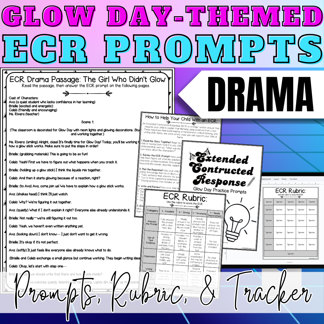 Glow Day ECR Practice Writing Prompt Passage, Editable Drama Extended Constructed Response 3rd 4th 5th Grade
