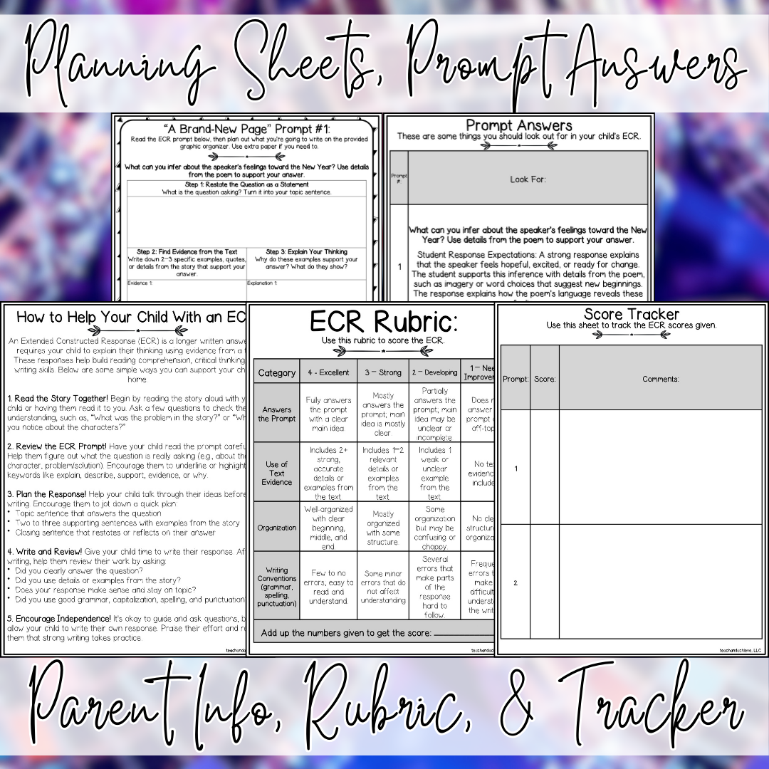 January New Year ECR Practice Writing Prompts Passage, Editable Poetry Extended Constructed Response 3rd 4th 5th Grade