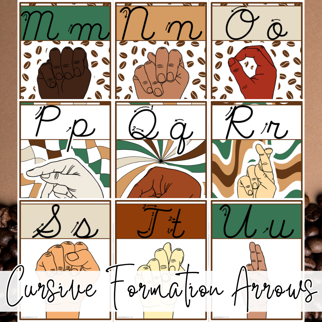 Starbooks Coffee Classroom Cursive Alphabet Posters with ASL Sign Language | Coffee Theme Decor