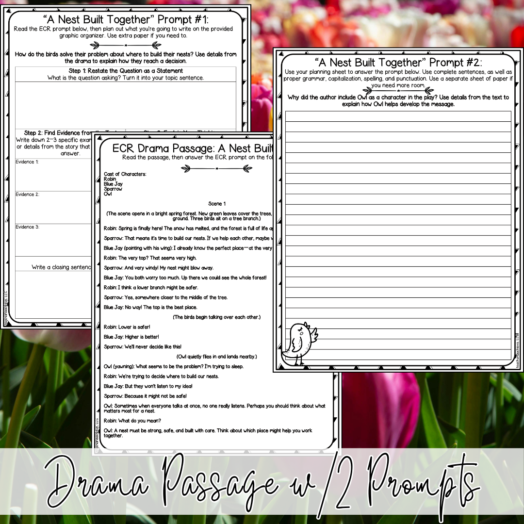 Spring Drama Reading Passages & Extended Constructed Response (ECR) Practice | 3rd Grade, 4th Grade, 5th Grade