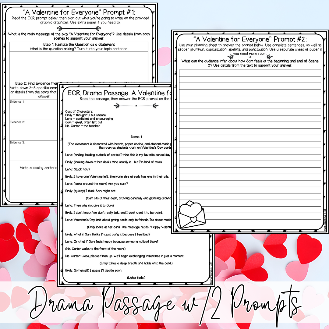 February Valentine's Day ECR Practice Writing Prompt Passage, Editable Drama Extended Constructed Response 3rd 4th 5th Grade