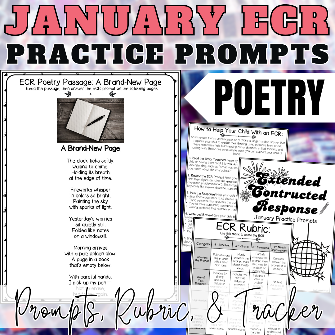 January New Year ECR Practice Writing Prompts Passage, Editable Poetry Extended Constructed Response 3rd 4th 5th Grade