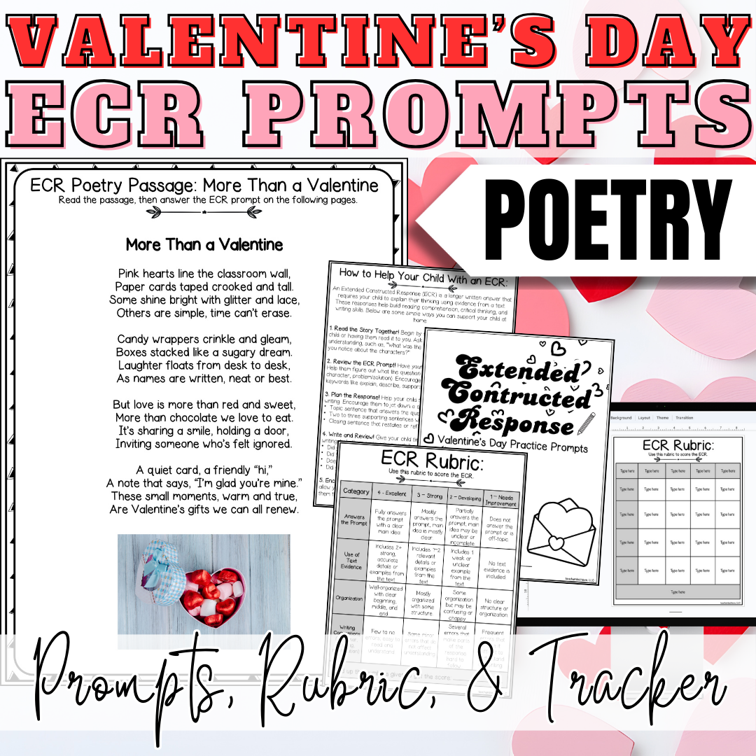 February Valentine's Day ECR Practice Writing Prompt Passage, Editable Poetry Extended Constructed Response 3rd 4th 5th Grade