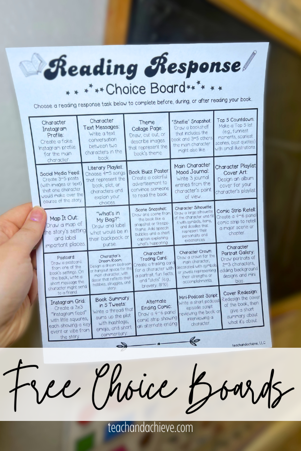 Printable reading response choice boards for students featuring seasonal themes designed for literacy centers and independent work.