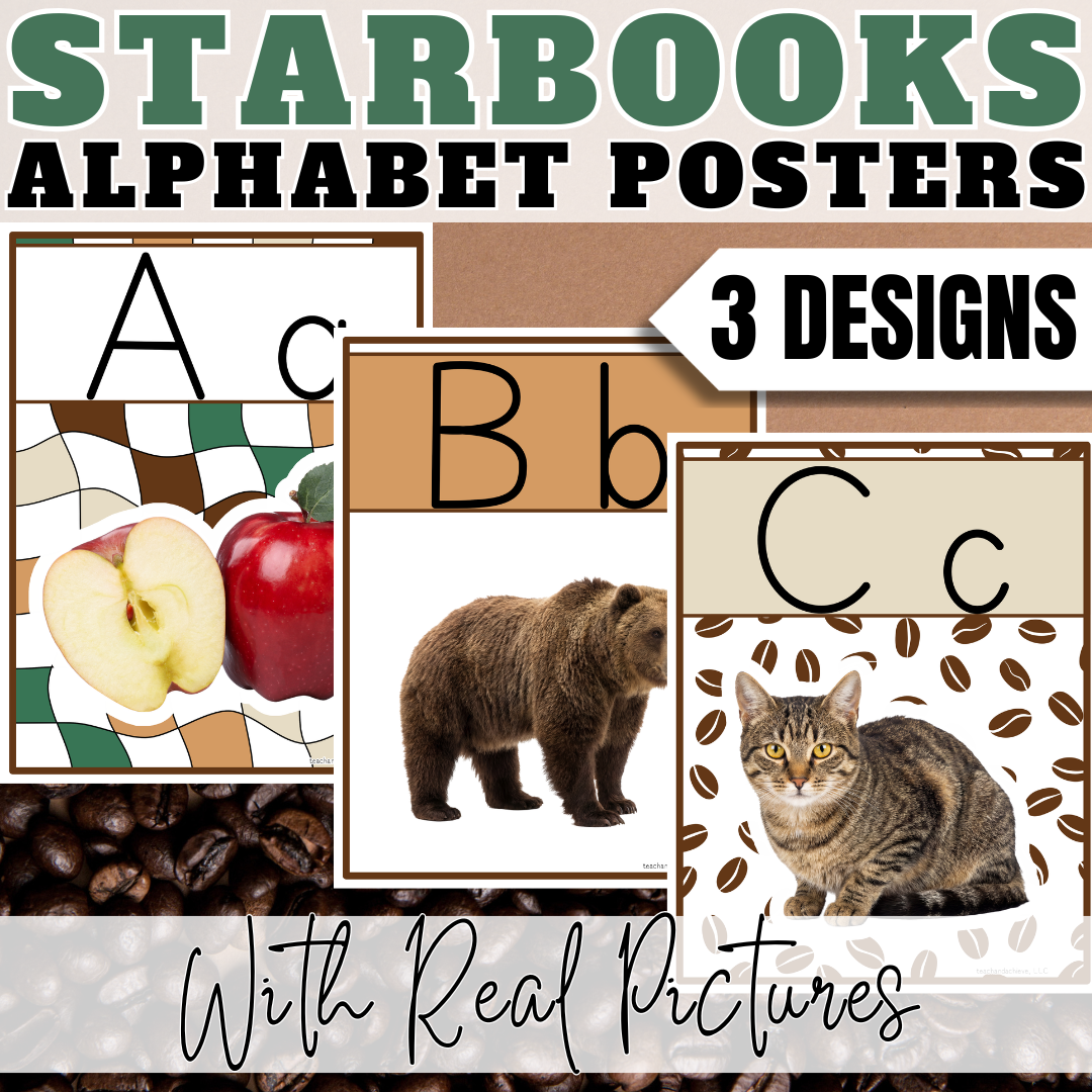 Starbooks Coffee Classroom Decor, Alphabet Posters with Real Pictures | PK, Kindergarten, 1st Grade, 2nd Grade