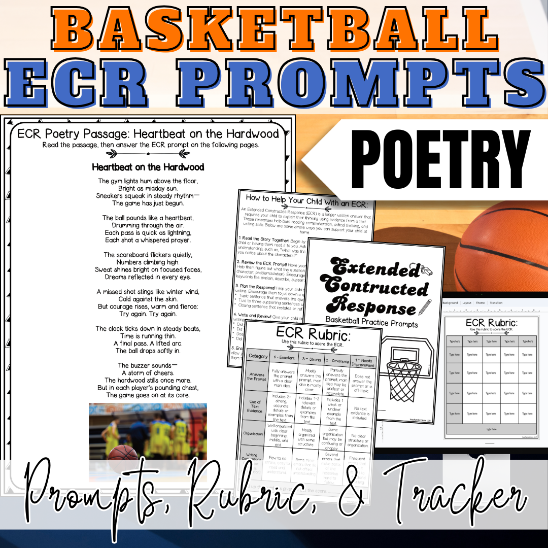 March Basketball Madness ECR Practice Writing Prompt Passage, Editable Poetry Extended Constructed Response 3rd 4th 5th Grade