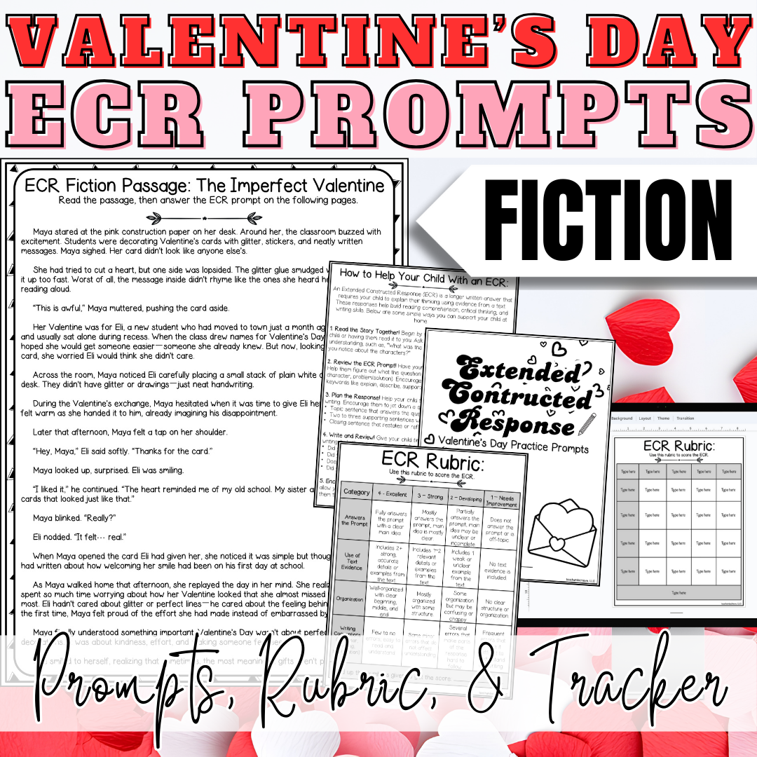 February Valentine's Day ECR Practice Writing Prompt Passage, Editable Fiction Extended Constructed Response 3rd 4th 5th Grade