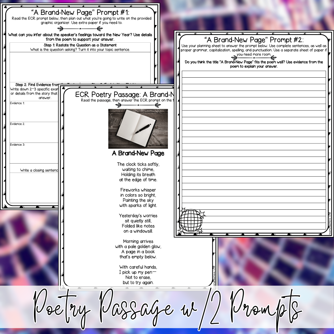 January New Year ECR Practice Writing Prompts Passage, Editable Poetry Extended Constructed Response 3rd 4th 5th Grade