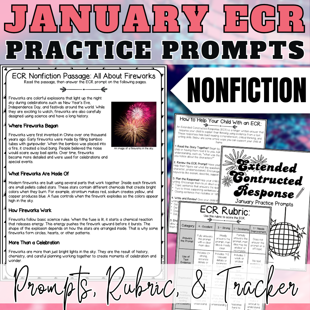 January New Year ECR Practice Writing Prompts Passage, Editable Nonfiction Extended Constructed Response 3rd 4th 5th Grade