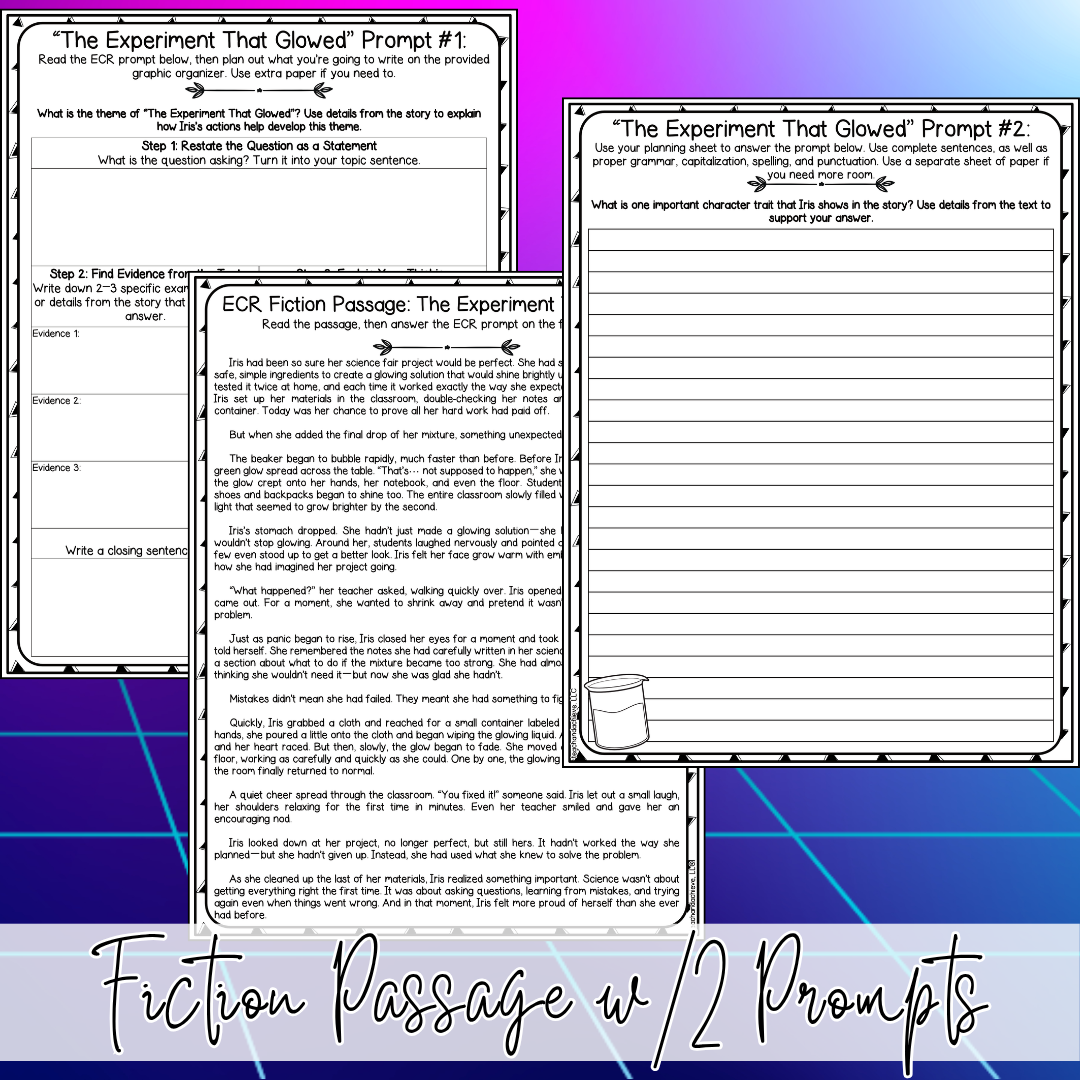 Glow Day ECR Practice Writing Prompt Passage, Editable Fiction Extended Constructed Response 3rd 4th 5th Grade