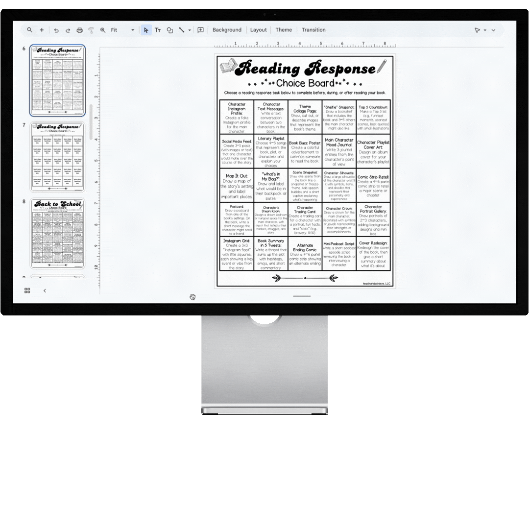A digital document titled "Reading Response Choice Board" with various reading activities organized in a grid layout, including tasks like character analysis, social media profile, book summaries, and creative drawing prompts.