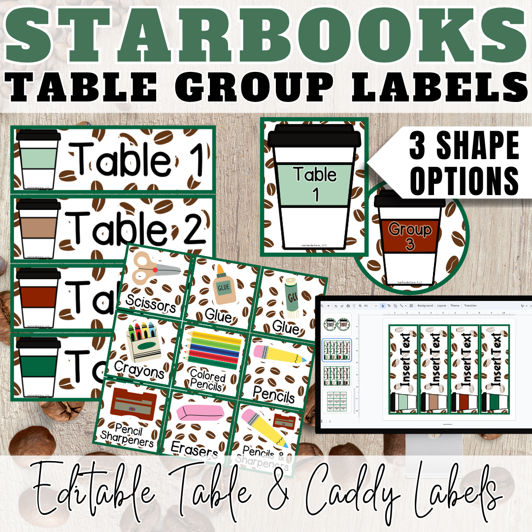 Starbooks Coffee Classroom Table Group Signs & Table Caddy Labels