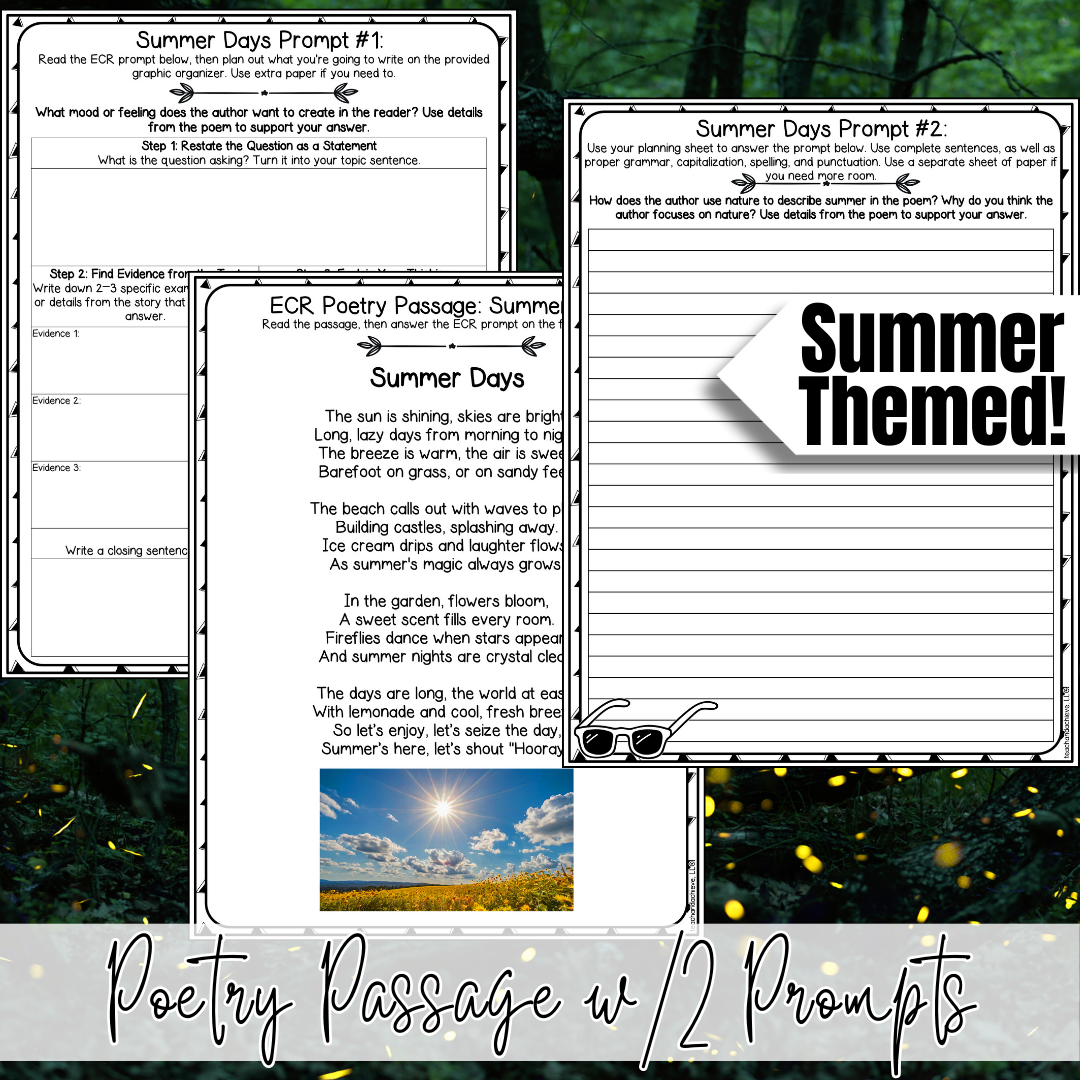 Summer ECR Writing Prompts | Poetry Extended Constructed Response Practice | Reading Comprehension Test Prep |  3rd Grade, 4th Grade, 5th Grade