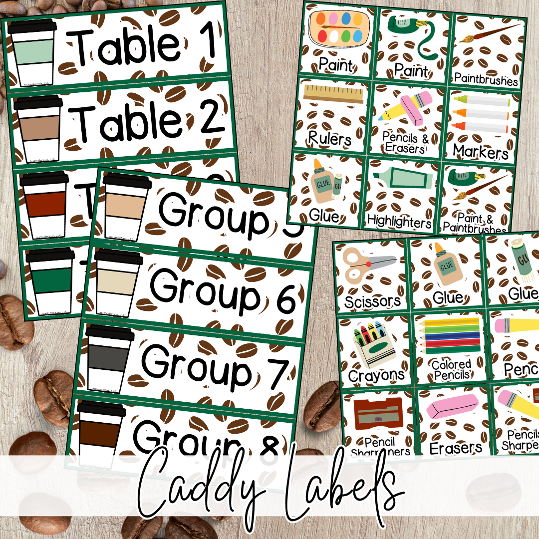 Starbooks Coffee Classroom Table Group Signs & Table Caddy Labels